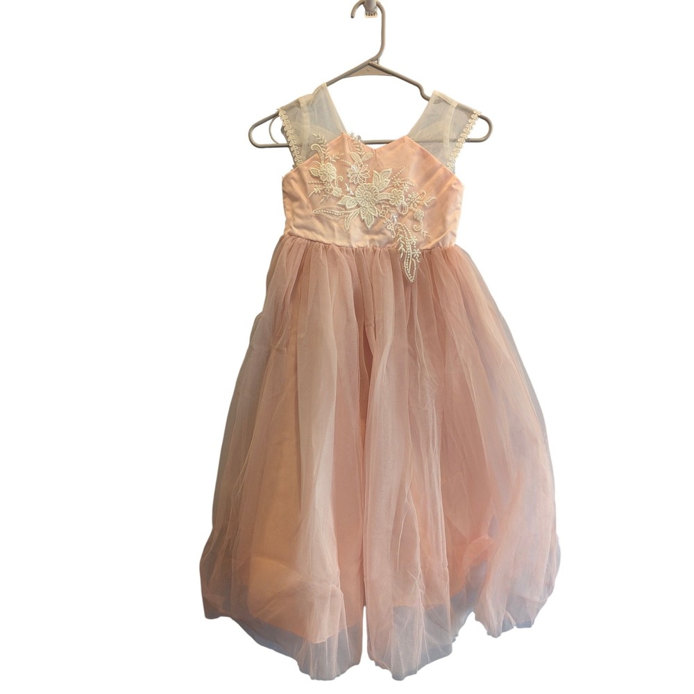 New Girls Pink Tulle Flower Girl Dress US 8-10 Floral Lace Bead Accents KaQinini